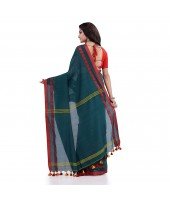 Women`s Traditional Bengali Tant Handloom Cotton Saree Loveria Design With Blouse Piece(Castleton Green)